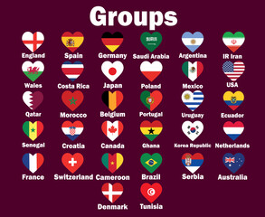 32 Countries Flag Heart With Names Symbol Design football Final Vector Countries Football Teams Illustration