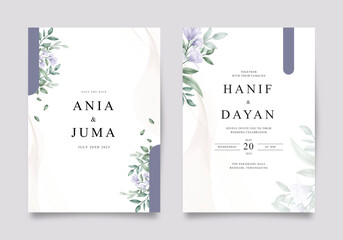 Beautiful wedding invitation with purple flowers and green leaves