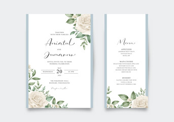 Elegant wedding invitation template with yellow roses and green leaves