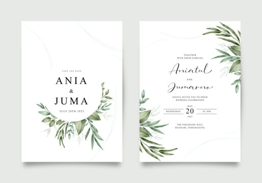 Elegant wedding invitation with green leaves