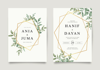 Wedding invitation template with golden geometric frame and green leaves