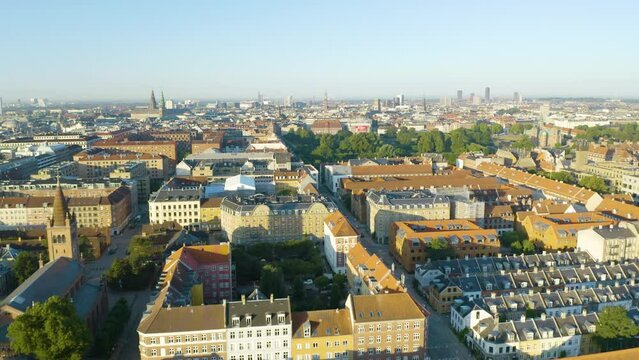 Rising Drone Shot Reveals Copenhagen Skyline of Spires with Nyboder Row Homes Below