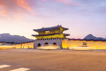 Gyeongbokgung Palace in downtown Seoul at sunset
