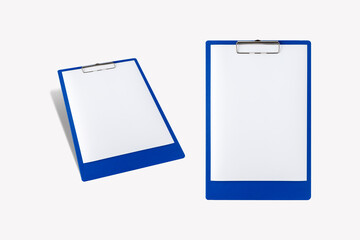 Blue clipboard with blank white paper isolated on white background.