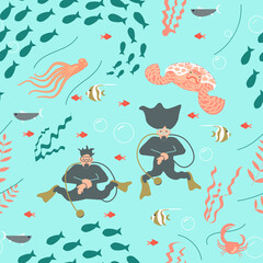 Seamless pattern with underwater scene and Scuba diving people