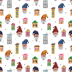 Funny gnomes and cute houses. Watercolor illustration. Seamless pattern