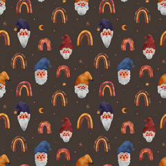 Funny gnomes and rainbows in boho style. Watercolor illustration. Seamless pattern
