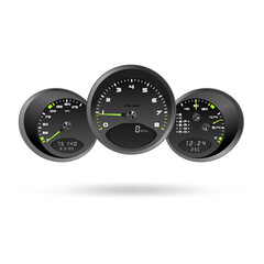 3d illustration, dashboard car speedometer, steering wheel realistic 3d icon	