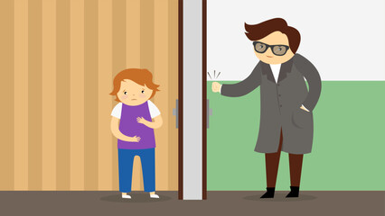 A boy in an apartment at the door that a stranger knocks on