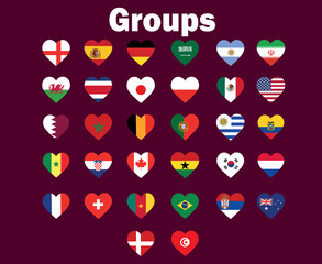 32 Countries Flag Heart Symbol Design football Final Vector Countries Football Teams Illustration