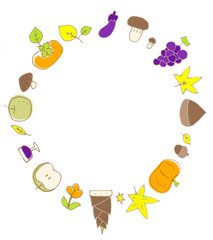 秋の味覚、美味しい食べ物のかわいいリース。コピースペースあり。