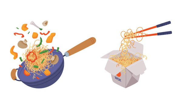 Cooking Pot or Wok with Stir Frying Ingredients and Carton Box with Asian Food with Noodles and Vegetables Vector Illustration Set