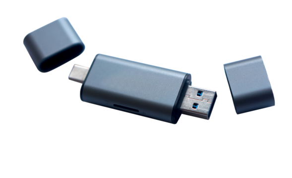 Image of Card Reader OTG Type-C USB 3.0 2in1 for all types of smartphones with type-C connectors and USB connectors on white background, perfect for Graphic assets