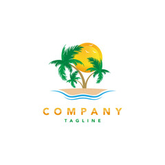 Fototapeta na wymiar Colorful sun and palm trees on the island, tour, and travel logo template.