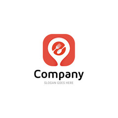  Restaurant logo, app icon concept with spoon and fork with location indicator logo template. 