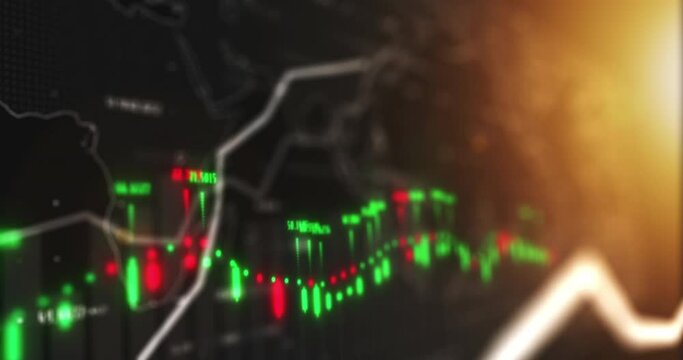 Futuristic 3d, stock market or finance data with light pattern chart design for forex data, cryptocurrency or money trading. Zoom of abstract global investment, future economy growth or app dashboard