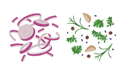 Sliced Onion and Greenery with Rosemary and Garlic as Wok Asian Food Ingredient Vector Set