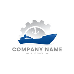Cargo Ship Logo in the ocean design template with anchor for international export or import of goods transportation trading companies.