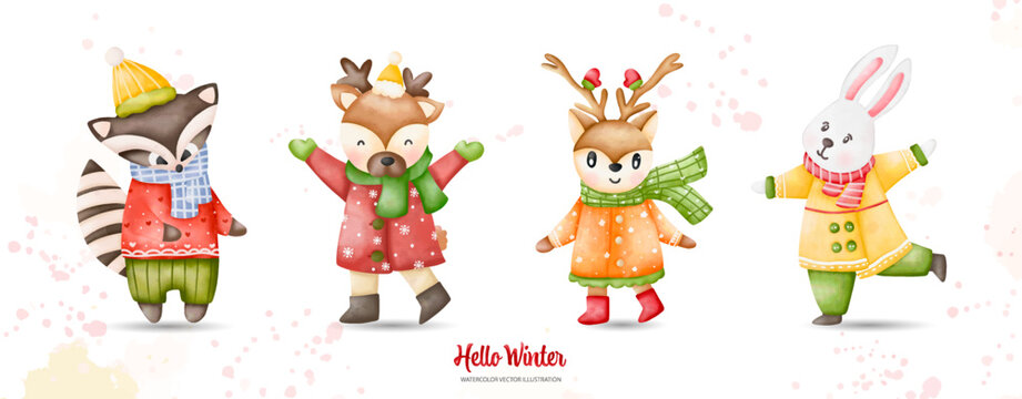 Winter animals, Christmas animals set, Digital paint watercolor illustration..
