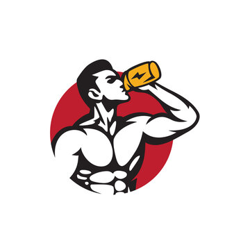 Gym logo template symbol icon, man drinking protein supplements of fitness character vector logo template.