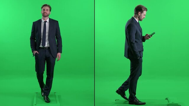 Passer-by Businessman In A Suit Walks On A Green Background And Uses A Smartphone, Split Screen Video, Man Enjoy A Walk, Template On A Chromakey.