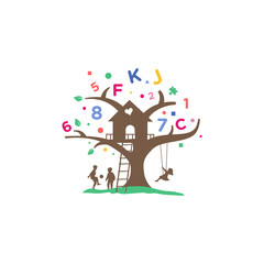 Creative tree house letter logo illustration with kids learning playing, Vector design.