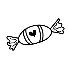 Candy with a heart in a wrapper paper. Sweetness as a gift. Linear doodle style.