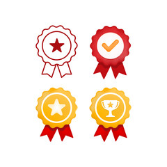 Modern satisfaction badge icon with star, trophy, and tick sign. Vector illustration. 