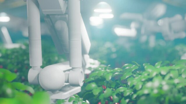 Futuristic robot farm in action. Concept of robotic farming, ai, smart agriculture technology, farmer automation