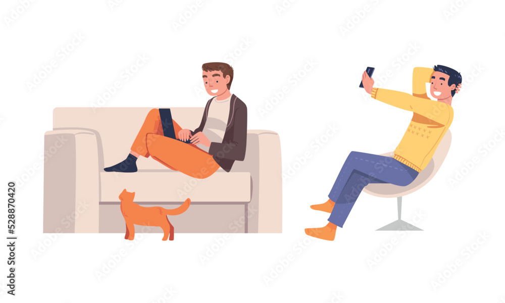 Poster man character with digital device sitting on sofa and chair suffering from internet addiction vector