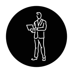 Businessman works on a laptop color line icon. Female entrepreneur.