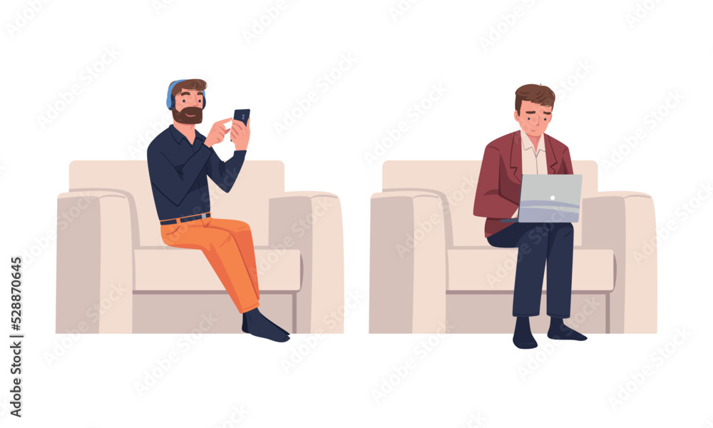 Poster man character with digital device sitting in armchair suffering from internet addiction vector set
