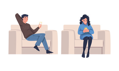 Man and Woman Character with Smartphone Sitting in Armchair Suffering from Internet Addiction Vector Set