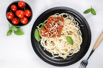 Spaghetti Pasta with meat, tomato sauce and cheese.