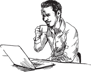 Hand sketch of young man with laptop and coffee. Vector illustration.