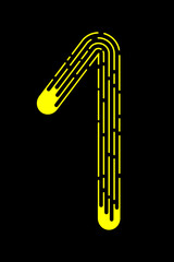 Number 1 from yellow dotted lines isolated on black background. Design element