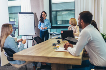 Shot of a businesswoman giving a presentation to her colleagues on a whiteboard in a boardroom