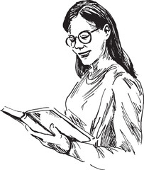 Hand drawn sketch of a young woman reading a book. Vector illustration.