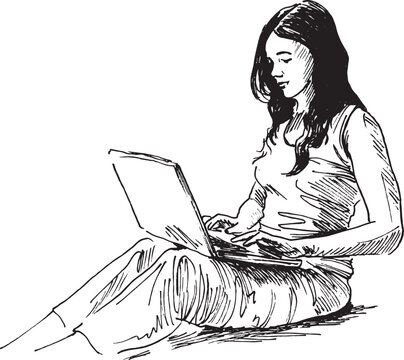 Hand sketch of a young woman with a laptop. Vector illustration.