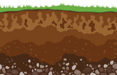 Soil layers. Surface horizons upper layer of earth structure with mixture of organic matter, minerals. Dirt and underground clay layer under green grass