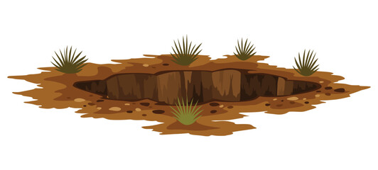 Hole ground. Works digging of sand coal waste rock or gravel. Brown, dry mine element of landscape. Cartoon illustration - obrazy, fototapety, plakaty
