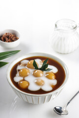 Bubur candil, made from sticky rice flour, brown sugar, rice flour, and coconut milk. Very popular during Ramadhan for takjil in Indonesia and for juadah in Malaysia. 