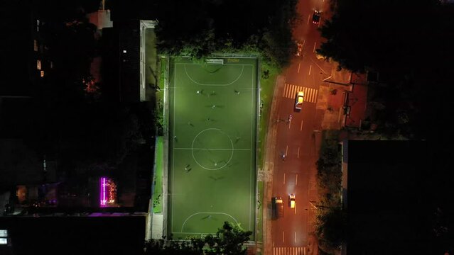 View from above of soccer field in the city of Medellin, Colombia