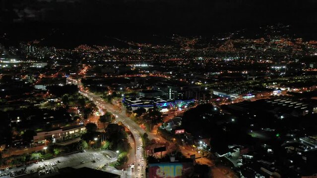 Aerial city view from drone of Medellin, Colombia at night