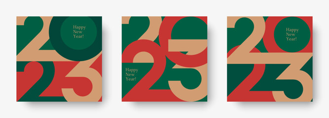 Happy New 2023 Year posters set. Typography geometric logo 2023 for branding, banner, cover, invitation card. - obrazy, fototapety, plakaty