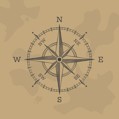 The wind rose compass vector style retro on an old map