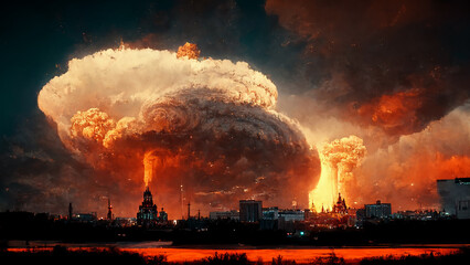Epic Nuclear Explosions Above City Apocalyptic Sky Spectacular Art Illustration. Nuclear War Apocalypse Background. CG Digital Painting AI Neural Network Computer Generated Art Doomsday Wallpaper - obrazy, fototapety, plakaty