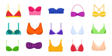 Various women bra cartoon illustration set. Sports top, strapless and push-up brassiere, lace lingerie, balconette and bandeau. Female underwear, fashion, glamour concept - obrazy, fototapety, plakaty