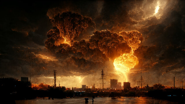Missile Attack on the Civil City Apocalyptic Sky Spectacular Art Illustration. Big Air Bomb Explosion War Apocalypse Background. AI Neural Network Computer Generated Art armageddon Wallpaper