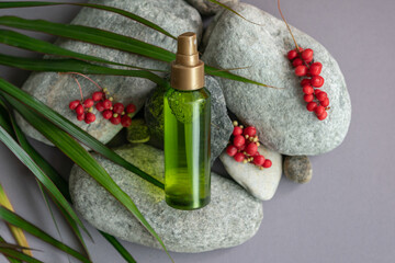 A bottle of green color with a spray bottle lies on the stones, next to the green leaves and berries of schisandra chinensis.Organic cosmetics.Schisandra chinensis cosmetic extract for spa